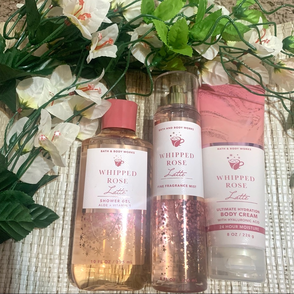 Whipped Rose Latte full size 3 pc set bath gel, body cream, and ffm